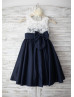 Navy Blue Taffeta Ivory Lace V Back Knee Length Flower Girl Dress